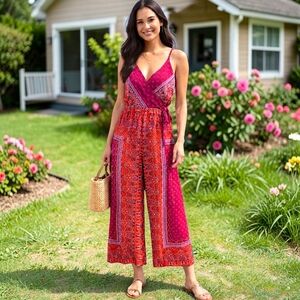 Free People Jumpsuit Sz 4 Floral Ankle Length Wide Leg Sleeveless Surplice Boho